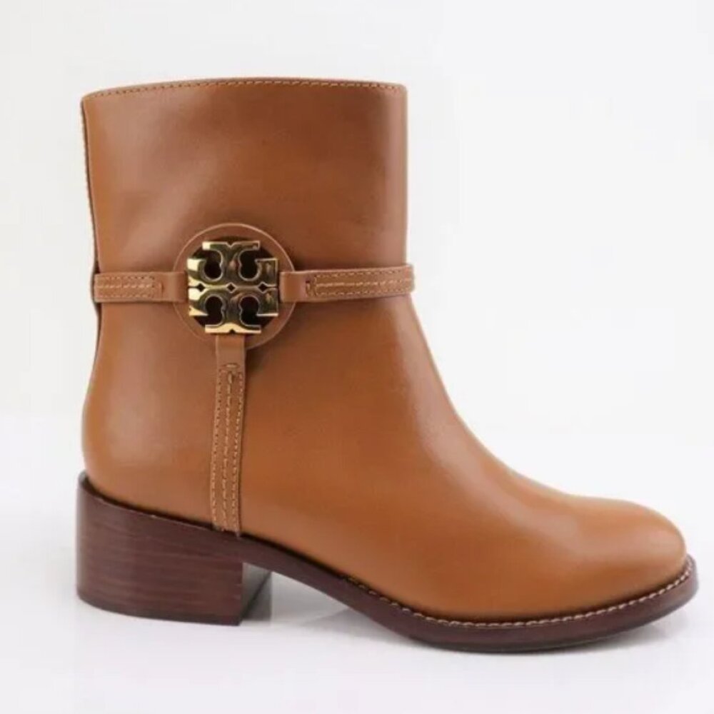 Tory Burch Miller Dark Tiramisu Women's Leather 45mm Heel Zip Up Bootie Shoes